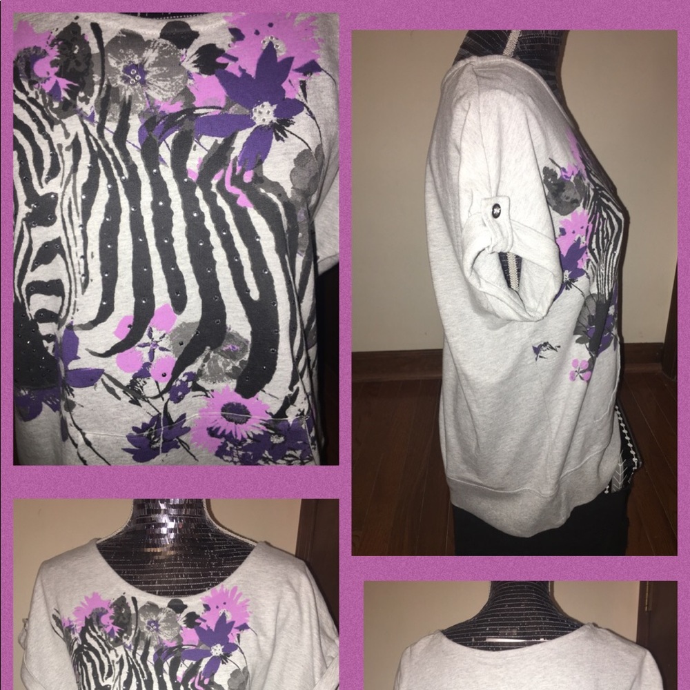 Style &Co Short Sleeve Gray with Purple/Black Med